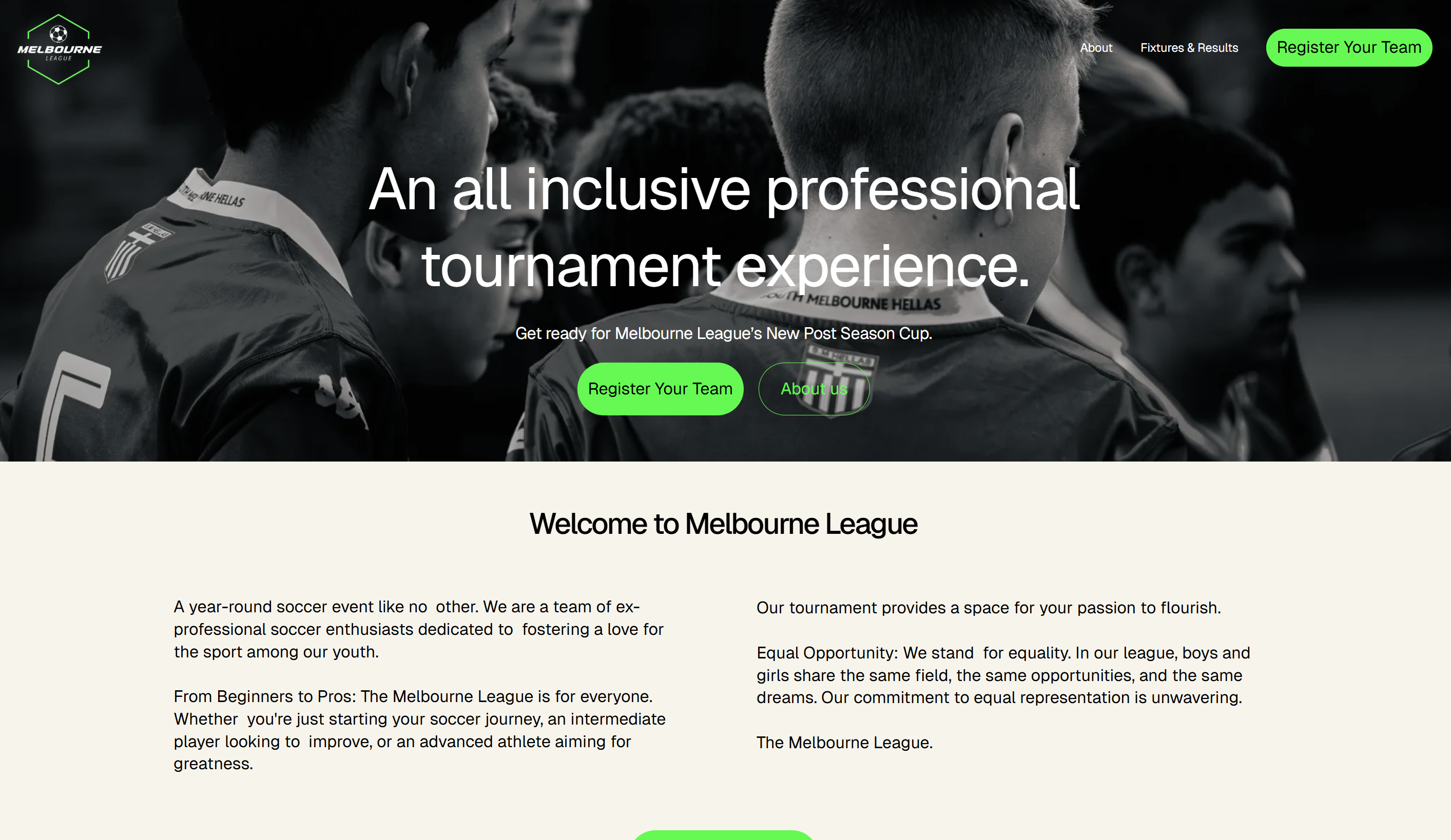 Homepage preview for Melbourne League